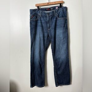 Ariat men’s jeans FR relaxed boot cut medium/dark wash visible stitching 38/30